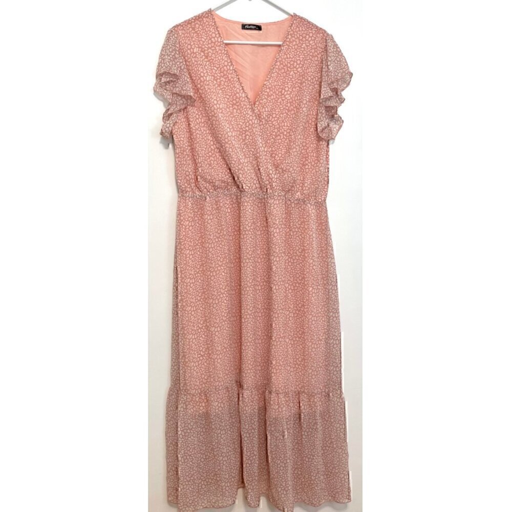 FASHION Flowy Midi Tiered Ditsy Floral Dress Rose Pink Faux Wrap XXL - NO BELT - Picture 2 of 15